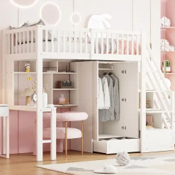 Okwish Lit Mezzanine 90x200 - Lit Enfant avec Bureau, Armoire et Rangements Intégrés, Design Pratique et Moderne, Bois Blanc Sale