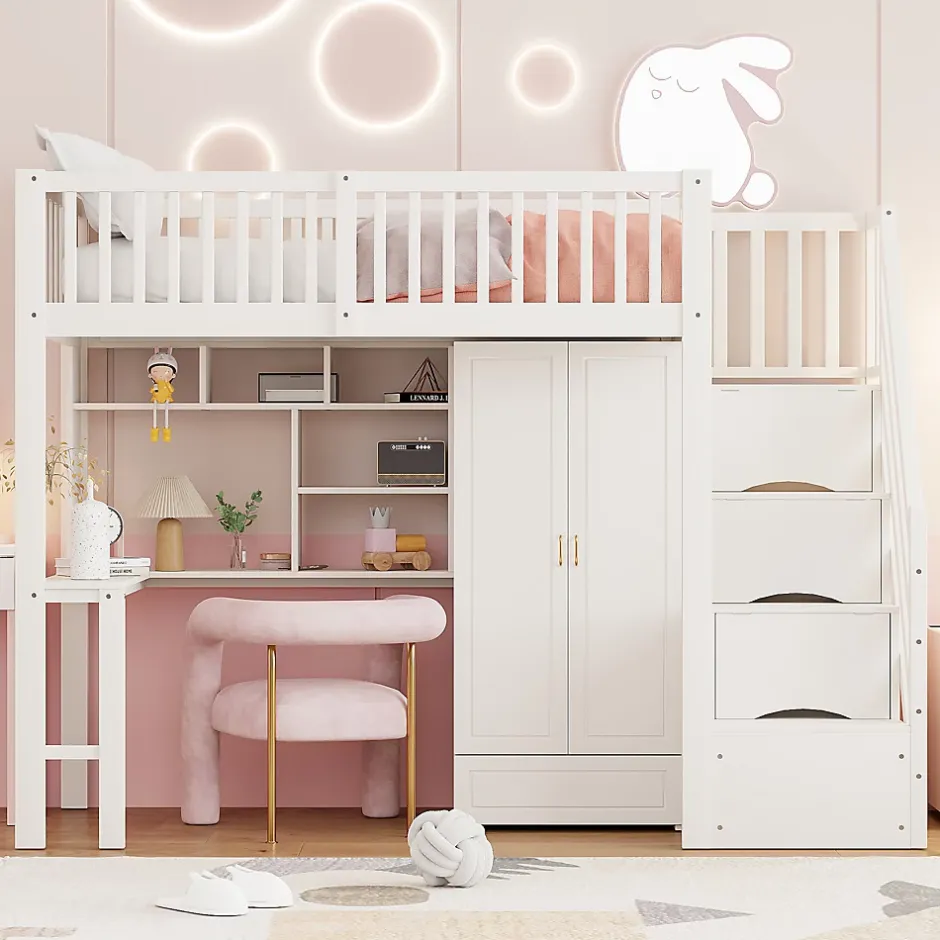 Okwish Lit Mezzanine 90x200 - Lit Enfant avec Bureau, Armoire et Rangements Intégrés, Design Pratique et Moderne, Bois Blanc Sale