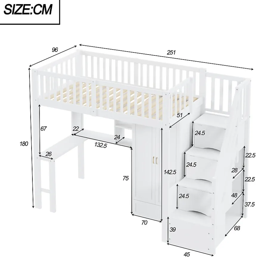 Okwish Lit Mezzanine 90x200 - Lit Enfant avec Bureau, Armoire et Rangements Intégrés, Design Pratique et Moderne, Bois Blanc Sale