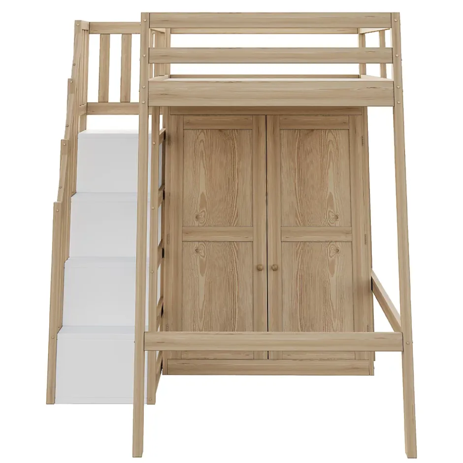 Okwish Lit Mezzanine 90x200 cm - avec Échelle Sécurisée, Rangement Intégré et Armoire - Bois Massif Naturel, Sans Matelas, Naturel Best