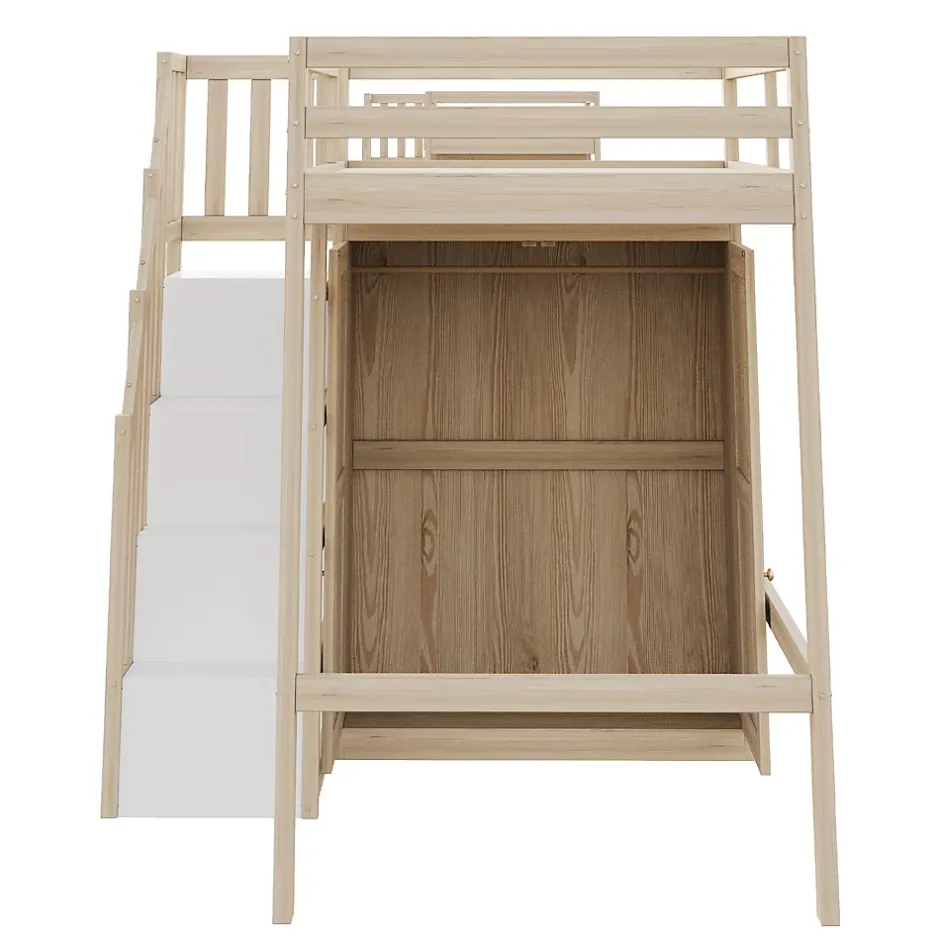 Okwish Lit Mezzanine 90x200 cm - avec Échelle Sécurisée, Rangement Intégré et Armoire - Bois Massif Naturel, Sans Matelas, Naturel Best