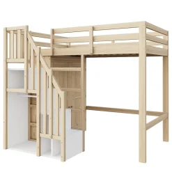 Okwish Lit Mezzanine 90x200 cm - avec Échelle Sécurisée, Rangement Intégré et Armoire - Bois Massif Naturel, Sans Matelas, Naturel Best