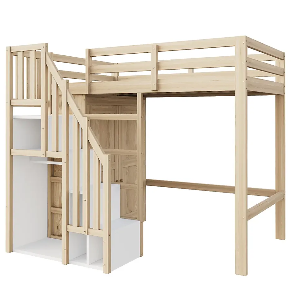 Okwish Lit Mezzanine 90x200 cm - avec Échelle Sécurisée, Rangement Intégré et Armoire - Bois Massif Naturel, Sans Matelas, Naturel Best