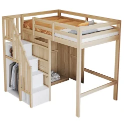 Okwish Lit Mezzanine 90x200 cm - avec Échelle Sécurisée, Rangement Intégré et Armoire - Bois Massif Naturel, Sans Matelas, Naturel Best
