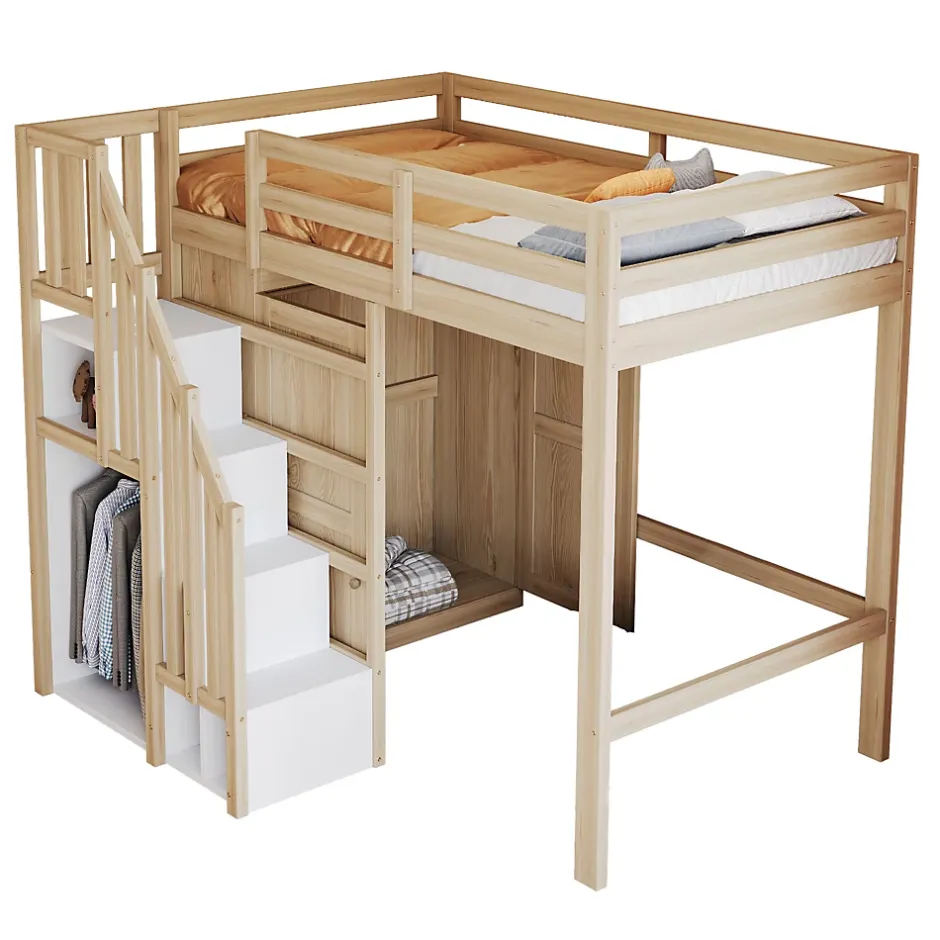 Okwish Lit Mezzanine 90x200 cm - avec Échelle Sécurisée, Rangement Intégré et Armoire - Bois Massif Naturel, Sans Matelas, Naturel Best