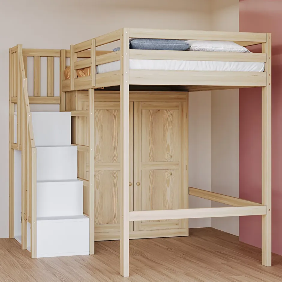 Okwish Lit Mezzanine 90x200 cm - avec Échelle Sécurisée, Rangement Intégré et Armoire - Bois Massif Naturel, Sans Matelas, Naturel Best