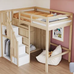 Okwish Lit Mezzanine 90x200 cm - avec Échelle Sécurisée, Rangement Intégré et Armoire - Bois Massif Naturel, Sans Matelas, Naturel Best