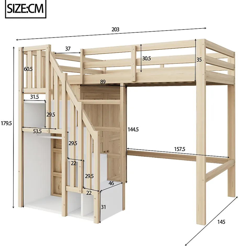 Okwish Lit Mezzanine 90x200 cm - avec Échelle Sécurisée, Rangement Intégré et Armoire - Bois Massif Naturel, Sans Matelas, Naturel Best