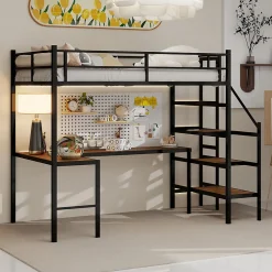 Okwish Lit Mezzanine 90x190 cm - avec Bureau en L et Escalier, Garde-Corps Continu, Structure en Métal, sans Matelas, Noir