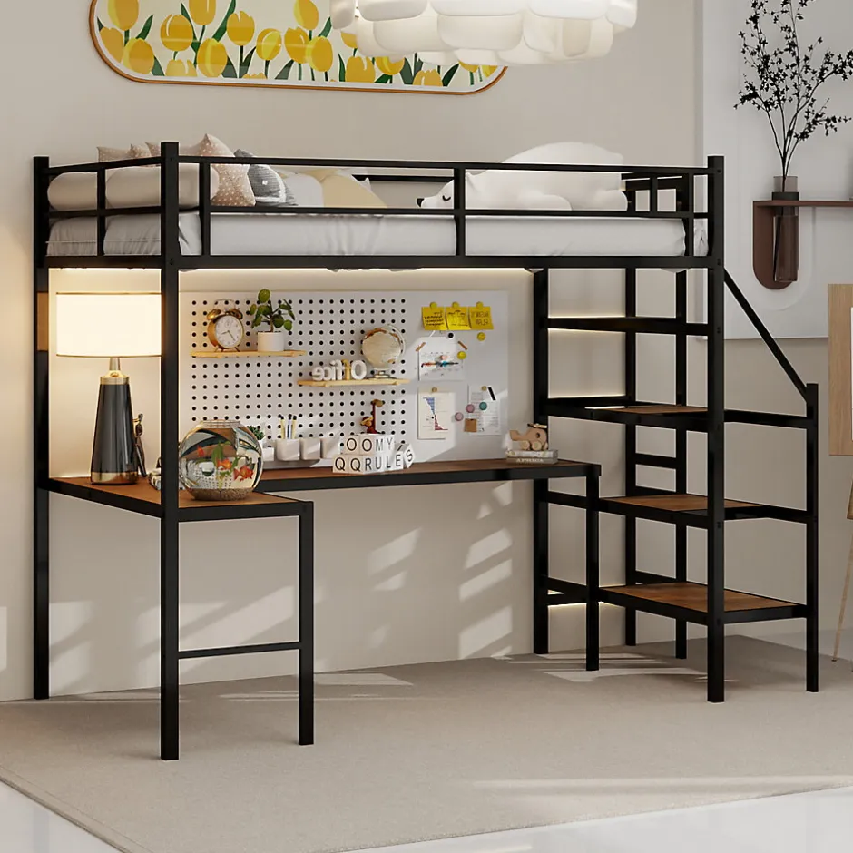 Okwish Lit Mezzanine 90x190 cm - avec Bureau en L et Escalier, Garde-Corps Continu, Structure en Métal, sans Matelas, Noir