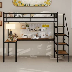 Okwish Lit Mezzanine 90x190 cm - avec Bureau en L et Escalier, Garde-Corps Continu, Structure en Métal, sans Matelas, Noir