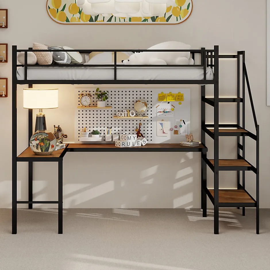 Okwish Lit Mezzanine 90x190 cm - avec Bureau en L et Escalier, Garde-Corps Continu, Structure en Métal, sans Matelas, Noir