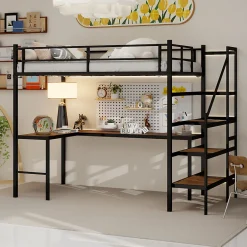 Okwish Lit Mezzanine 90x190 cm - avec Bureau en L et Escalier, Garde-Corps Continu, Structure en Métal, sans Matelas, Noir