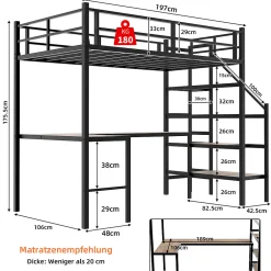 Okwish Lit Mezzanine 90x190 cm - avec Bureau en L et Escalier, Garde-Corps Continu, Structure en Métal, sans Matelas, Noir