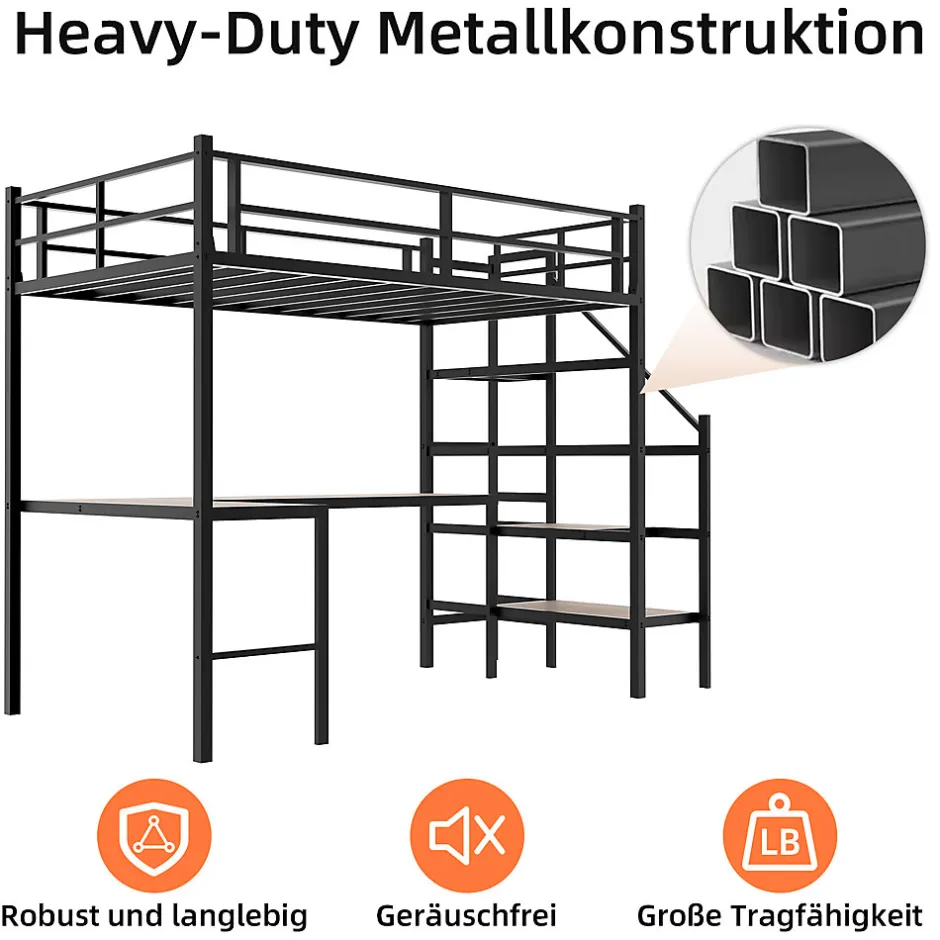 Okwish Lit Mezzanine 90x190 cm - avec Bureau en L et Escalier, Garde-Corps Continu, Structure en Métal, sans Matelas, Noir