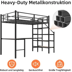 Okwish Lit Mezzanine 90x190 cm - avec Bureau en L et Escalier, Garde-Corps Continu, Structure en Métal, sans Matelas, Noir