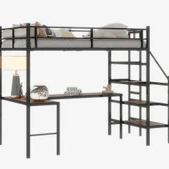 Okwish Lit Mezzanine 90x190 cm - avec Bureau en L et Escalier, Garde-Corps Continu, Structure en Métal, sans Matelas, Noir