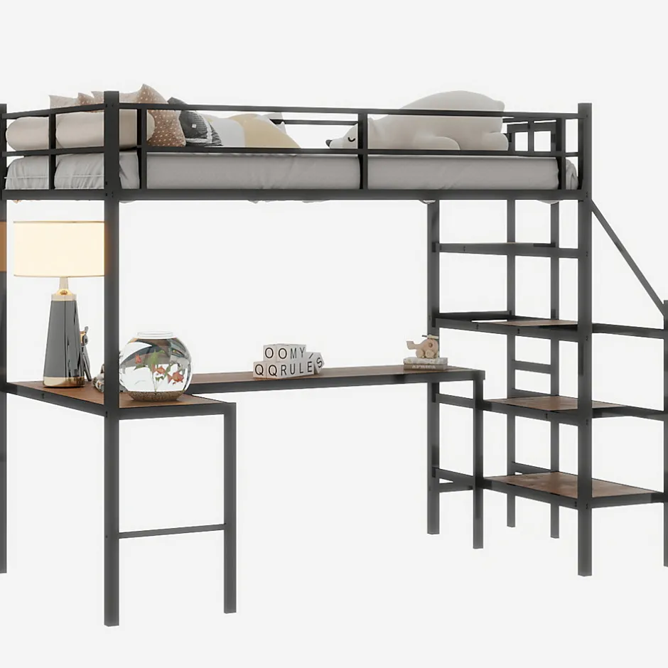 Okwish Lit Mezzanine 90x190 cm - avec Bureau en L et Escalier, Garde-Corps Continu, Structure en Métal, sans Matelas, Noir
