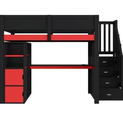Okwish Lit Mezzanine 140x200 cm - avec Bureau Intégré, Escalier de Rangement et LED, Ports USB - MDF + Contreplaqué - Noir et Rouge Outlet