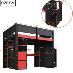 Okwish Lit Mezzanine 140x200 cm - avec Bureau Intégré, Escalier de Rangement et LED, Ports USB - MDF + Contreplaqué - Noir et Rouge Outlet