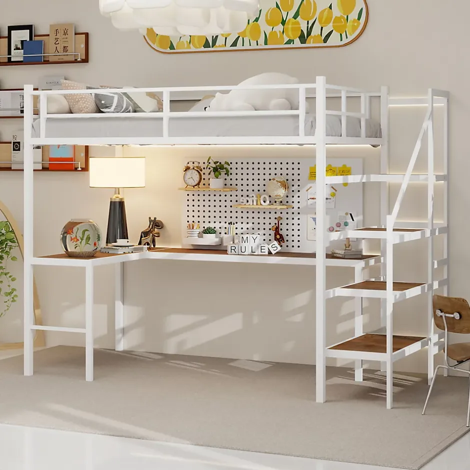 Okwish Lit Mezzanine 90x190 cm - avec Bureau en L et Escalier, Garde-Corps Continu, Structure en Métal, sans Matelas, Blanc Sale