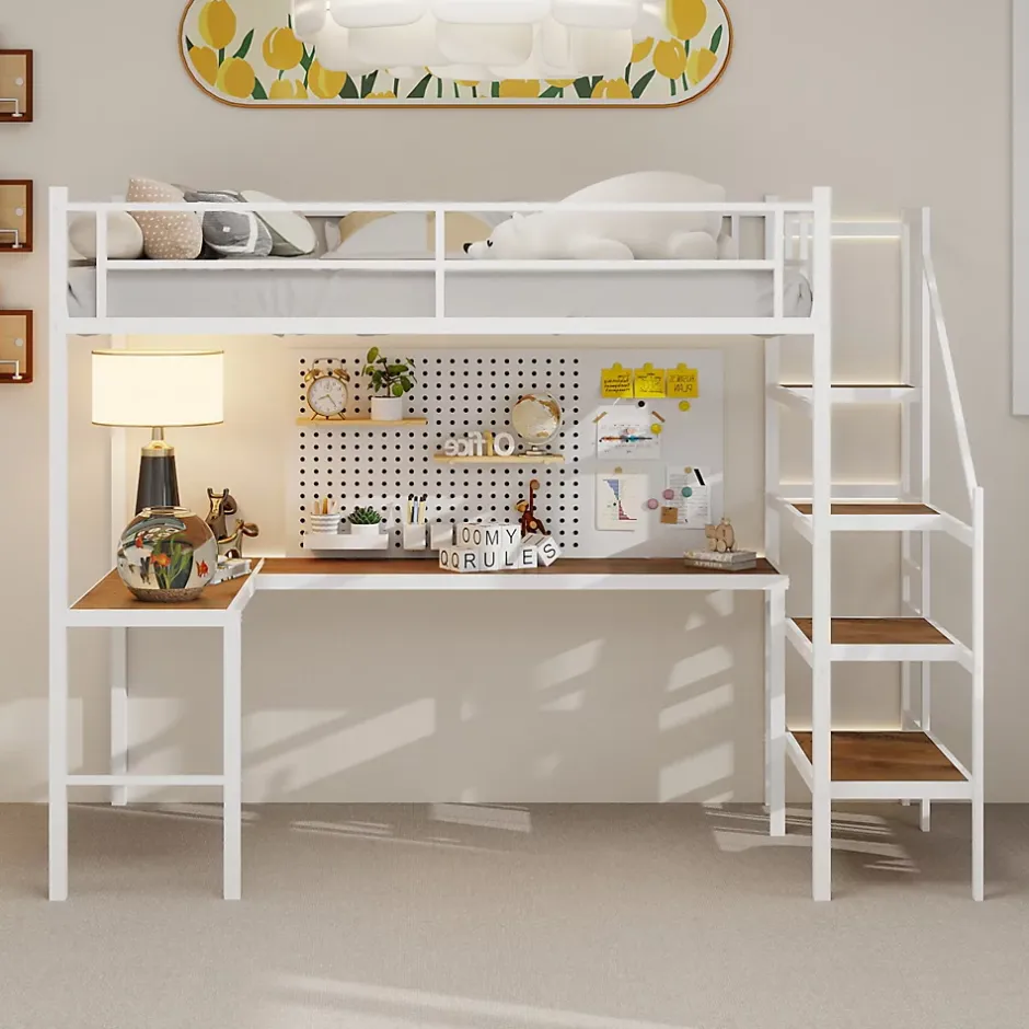 Okwish Lit Mezzanine 90x190 cm - avec Bureau en L et Escalier, Garde-Corps Continu, Structure en Métal, sans Matelas, Blanc Sale