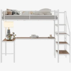 Okwish Lit Mezzanine 90x190 cm - avec Bureau en L et Escalier, Garde-Corps Continu, Structure en Métal, sans Matelas, Blanc Sale