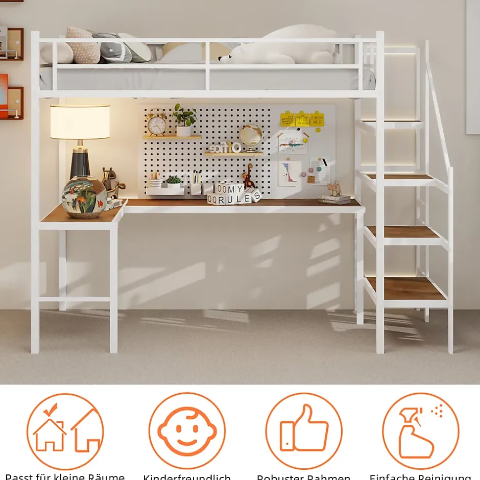 Okwish Lit Mezzanine 90x190 cm - avec Bureau en L et Escalier, Garde-Corps Continu, Structure en Métal, sans Matelas, Blanc Sale