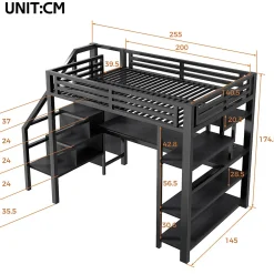 Okwish Lit Mezzanine 140x200 cm - avec Bureau Intégré et Rangement, LED et Ports USB - Métal - Noir
