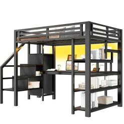 Okwish Lit Mezzanine 140x200 cm - avec Bureau Intégré et Rangement, LED et Ports USB - Métal - Noir