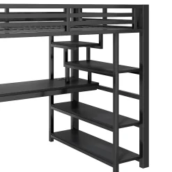 Okwish Lit Mezzanine 140x200 cm - avec Bureau Intégré et Rangement, LED et Ports USB - Métal - Noir