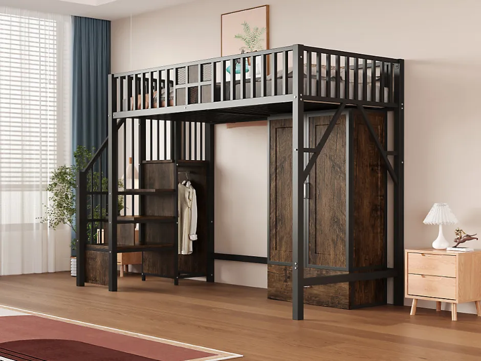 Okwish Lit Mezzanine 90x200 cm - avec Armoire, Tiroirs et Échelle de Rangement, Garde-Corps Sécurisé, Métal Noir