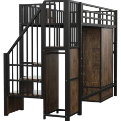 Okwish Lit Mezzanine 90x200 cm - avec Armoire, Tiroirs et Échelle de Rangement, Garde-Corps Sécurisé, Métal Noir