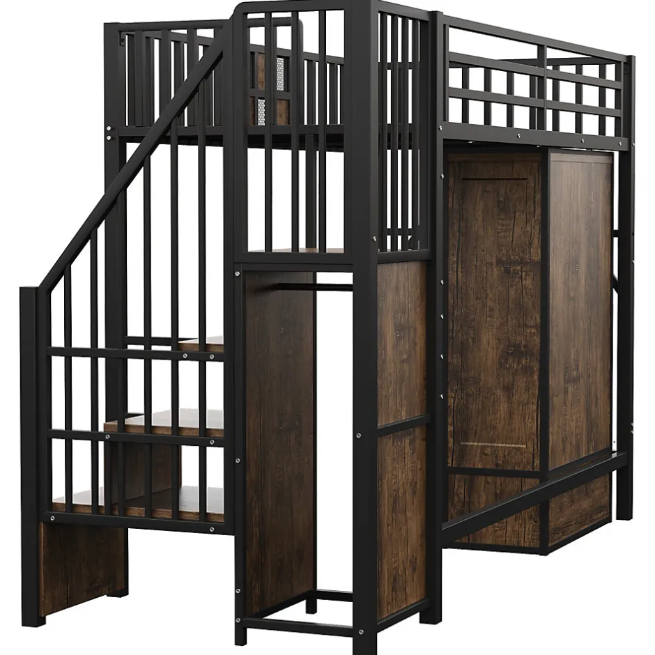 Okwish Lit Mezzanine 90x200 cm - avec Armoire, Tiroirs et Échelle de Rangement, Garde-Corps Sécurisé, Métal Noir