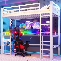 Okwish Lit Mezzanine 90x200 cm - Bureau Intégré, Éclairage LED Réglable et Panneau Perforé - USB, Type-C et 2 Prises - Métal + MDF Blanc Outlet