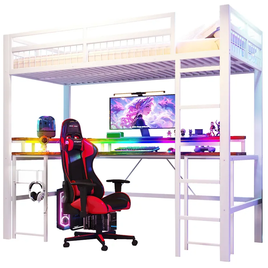 Okwish Lit Mezzanine 90x200 cm - Bureau Intégré, Éclairage LED Réglable et Panneau Perforé - USB, Type-C et 2 Prises - Métal + MDF Blanc Outlet