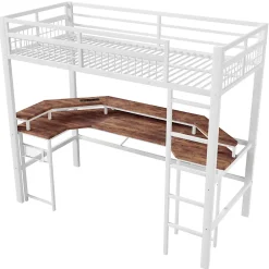 Okwish Lit Mezzanine 90x200 cm - Bureau Intégré, Éclairage LED Réglable et Panneau Perforé - USB, Type-C et 2 Prises - Métal + MDF Blanc Outlet