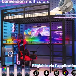 Okwish Lit Mezzanine 90x200 cm - Bureau Intégré, Éclairage LED Réglable et Panneau Perforé - USB, Type-C et 2 Prises - Métal + MDF - Noir