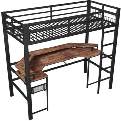 Okwish Lit Mezzanine 90x200 cm - Bureau Intégré, Éclairage LED Réglable et Panneau Perforé - USB, Type-C et 2 Prises - Métal + MDF - Noir