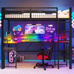 Okwish Lit Mezzanine 90x200 cm - Bureau Intégré, Éclairage LED Réglable et Panneau Perforé - USB, Type-C et 2 Prises - Métal + MDF - Noir