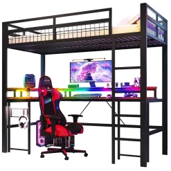 Okwish Lit Mezzanine 90x200 cm - Bureau Intégré, Éclairage LED Réglable et Panneau Perforé - USB, Type-C et 2 Prises - Métal + MDF - Noir