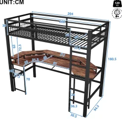 Okwish Lit Mezzanine 90x200 cm - Bureau Intégré, Éclairage LED Réglable et Panneau Perforé - USB, Type-C et 2 Prises - Métal + MDF - Noir