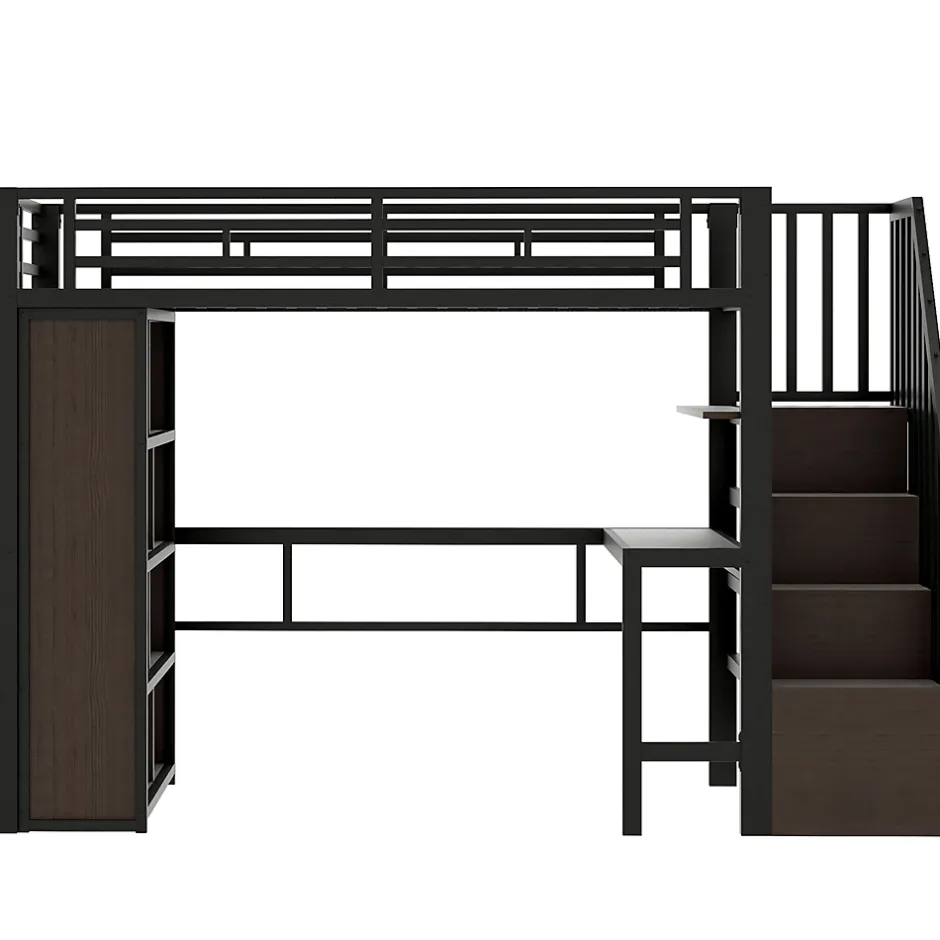 Okwish Lit Mezzanine 90x200 cm - LED Intégrée, Bureau et Rangements avec Escalier de Rangement, Métal/MDF, Noir New