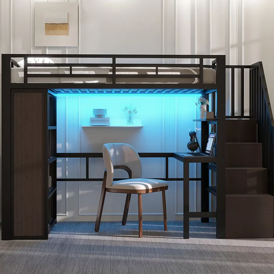 Okwish Lit Mezzanine 90x200 cm - LED Intégrée, Bureau et Rangements avec Escalier de Rangement, Métal/MDF, Noir New