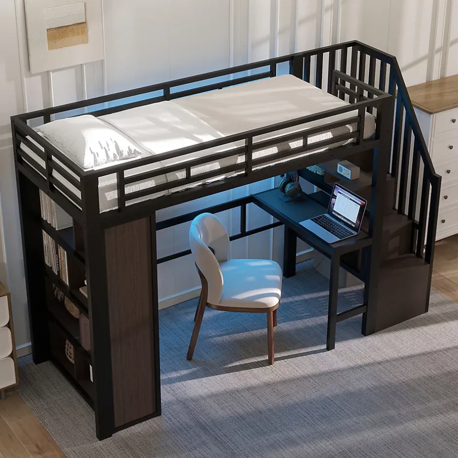 Okwish Lit Mezzanine 90x200 cm - LED Intégrée, Bureau et Rangements avec Escalier de Rangement, Métal/MDF, Noir New