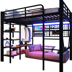 Okwish Lit Mezzanine 140x200 cm - LED Intégrée, Étagères et Rangements avec Portant Vêtements, Espace Ouvert sous Lit, Métal/MDF, No New
