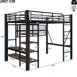 Okwish Lit Mezzanine 140x200 cm - LED Intégrée, Étagères et Rangements avec Portant Vêtements, Espace Ouvert sous Lit, Métal/MDF, No New