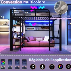 Okwish Lit Mezzanine 140x200 cm - LED Intégrée, Étagères et Rangements avec Portant Vêtements, Espace Ouvert sous Lit, Métal/MDF, No New