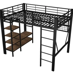 Okwish Lit Mezzanine 140x200 cm - LED Intégrée, Étagères et Rangements avec Portant Vêtements, Espace Ouvert sous Lit, Métal/MDF, No New