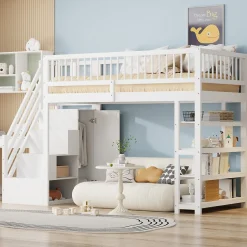Okwish Lit mezzanine 90x200 cm - Lit ados avec clôture, penderie et étagères - Bois - Sans matelas - Blanc